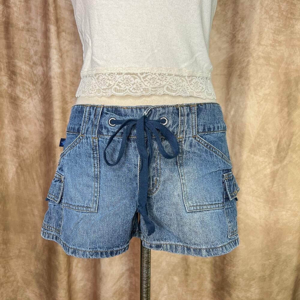 Vintage Y2K Tyte Micro Mini Jean Shorts Denim Blue Cargo Pocket Tie Waist Summer